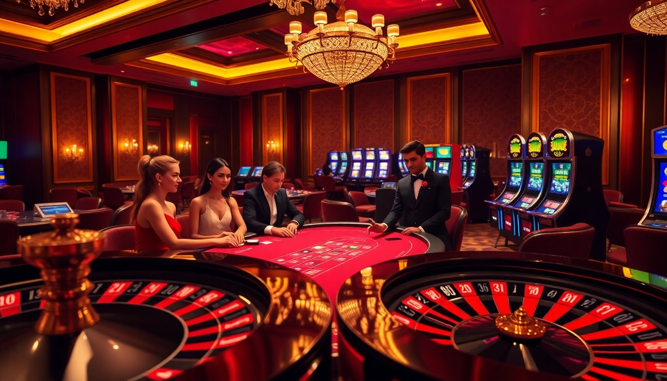 Excited gamblers engaging at the SODO Casino, featuring poker tables and vibrant slot machines.