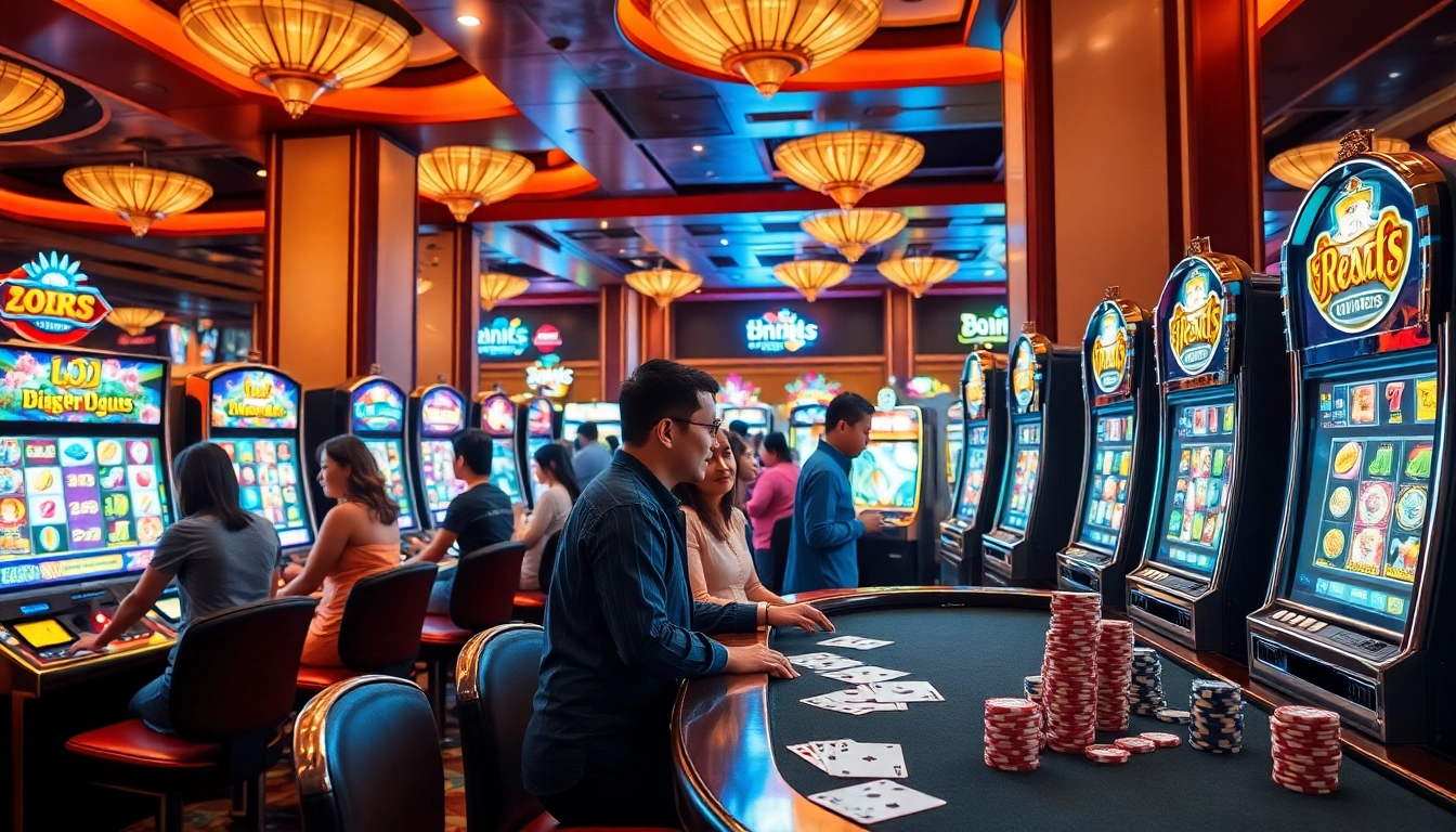 Players celebrating wins on colorful dewa slot88 machines in a lively casino setting.