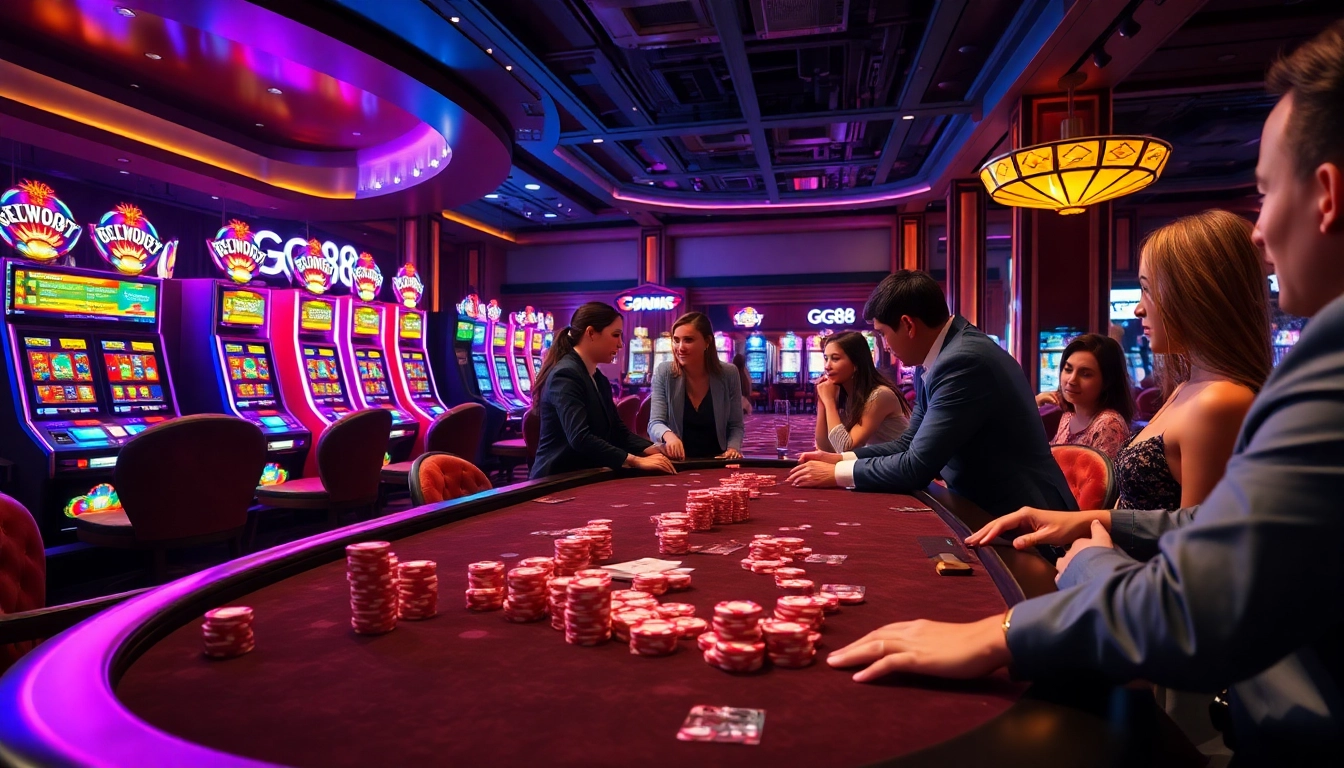 GG88 players enjoying a dynamic casino experience with poker, slots, and exciting gaming visuals.