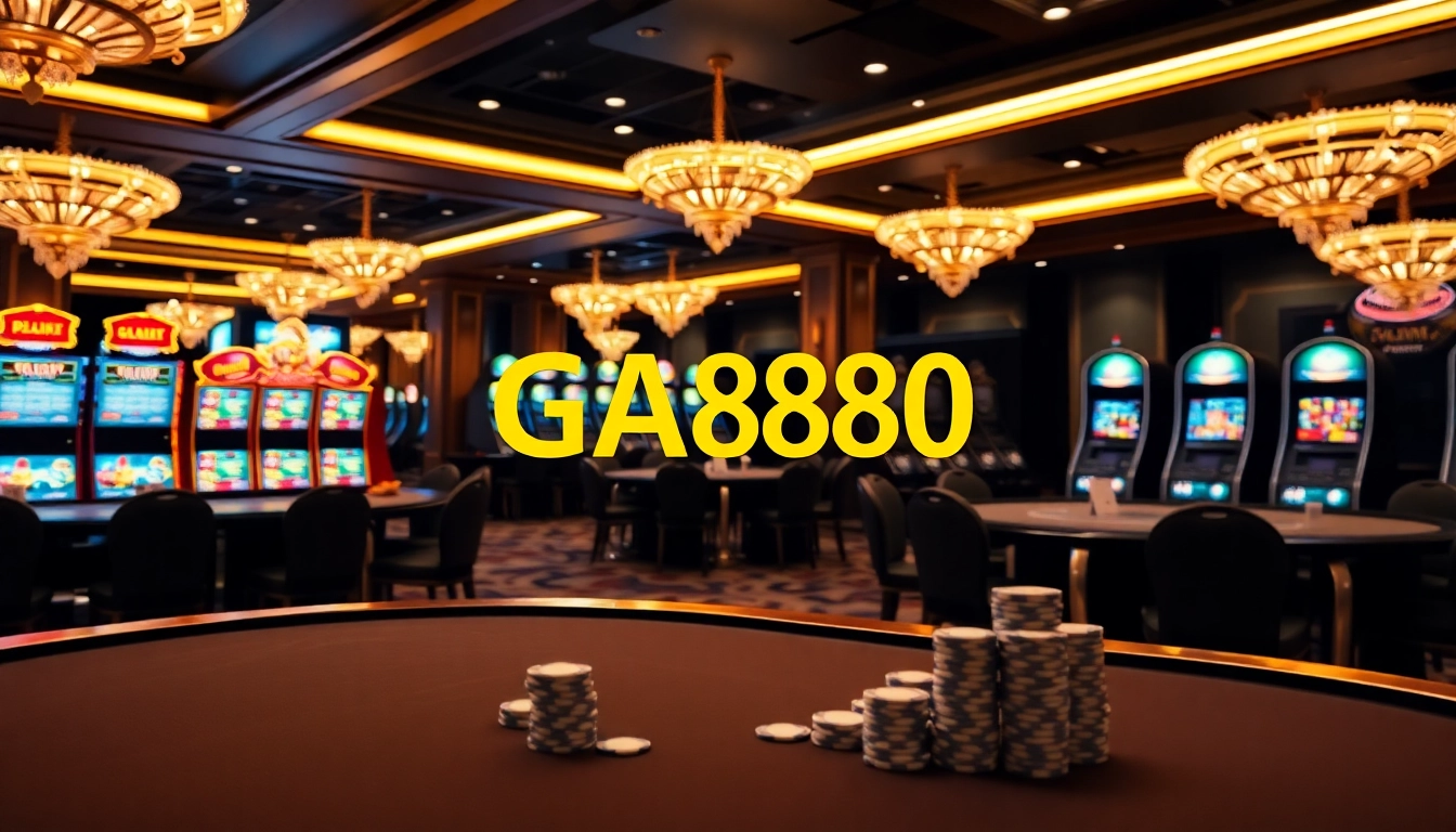 Engage in thrilling online gambling with GA888, featuring vibrant casino tables and slot machines.