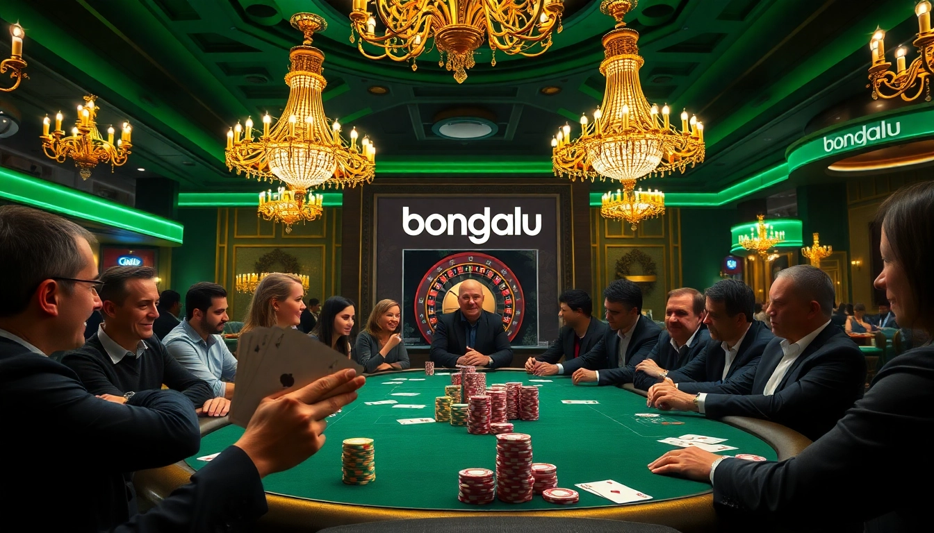 Bongdalu poker players engaged at a high-stakes table with vibrant casino ambiance.