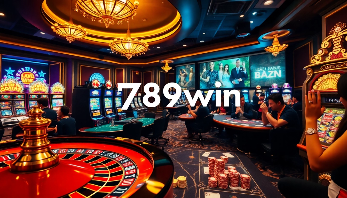 Experience the excitement of 789win as players bet on cards and spin the roulette wheel in an elegant casino.