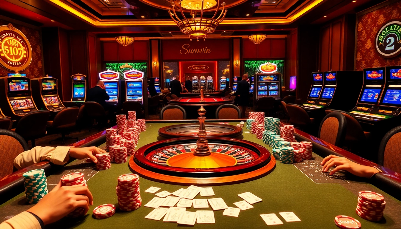 Sunwin casino scene featuring an elegant poker table with vibrant chips and a roulette wheel.