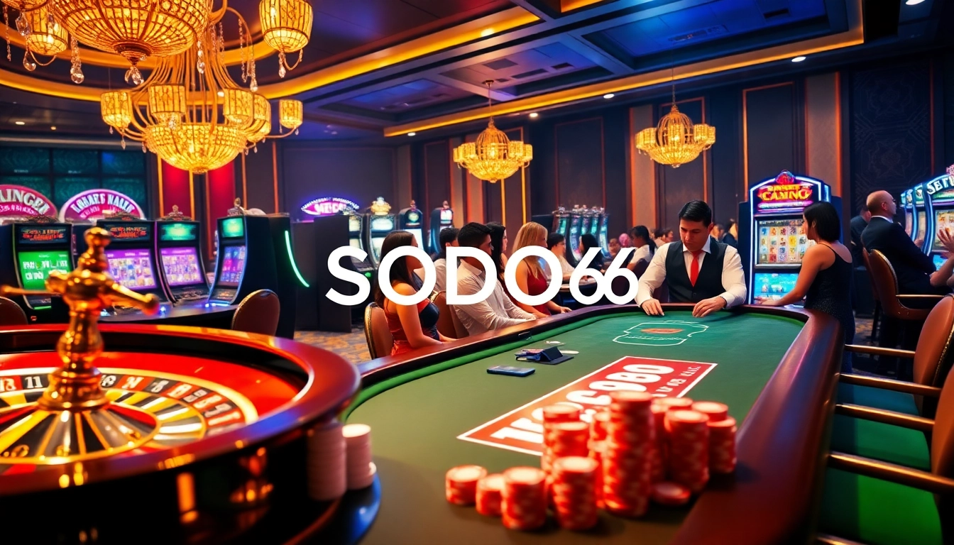 SODO66 players enjoying a vibrant casino experience with blackjack and slot machines.