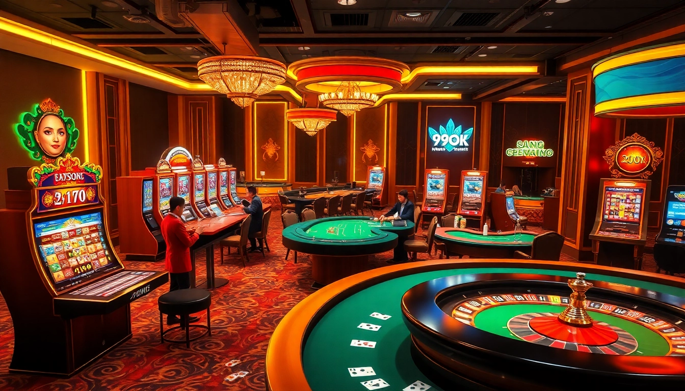 Players enjoying immersive gambling action at 99ok, featuring engaging casino tables and vibrant slot machines.