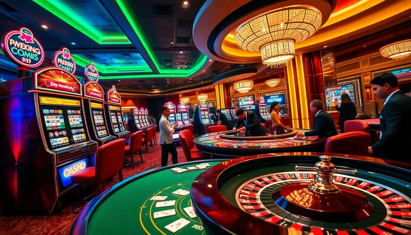 Engaging gambling action at 99WIN casino with vibrant slot machines and poker tables.