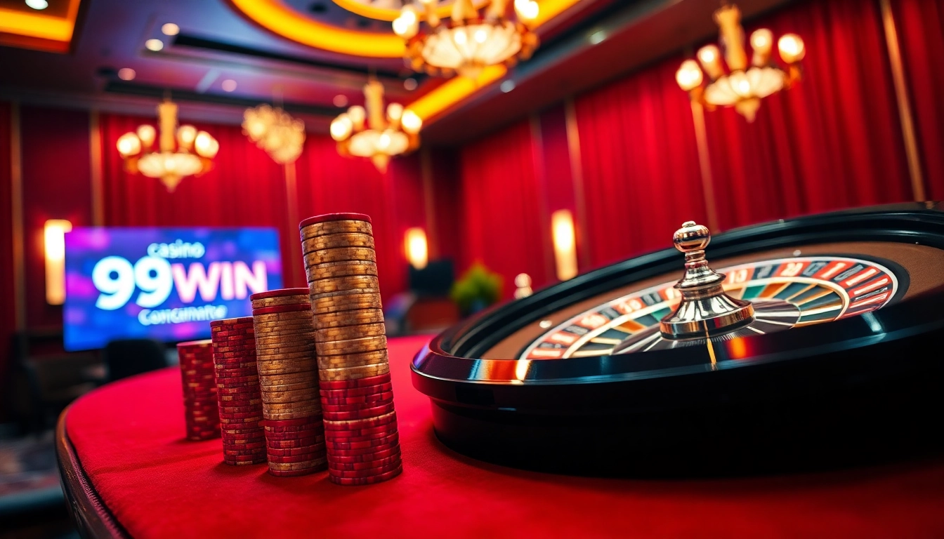 Experience high-stakes gaming at 99WIN with vibrant casino tables and roulette wheels.