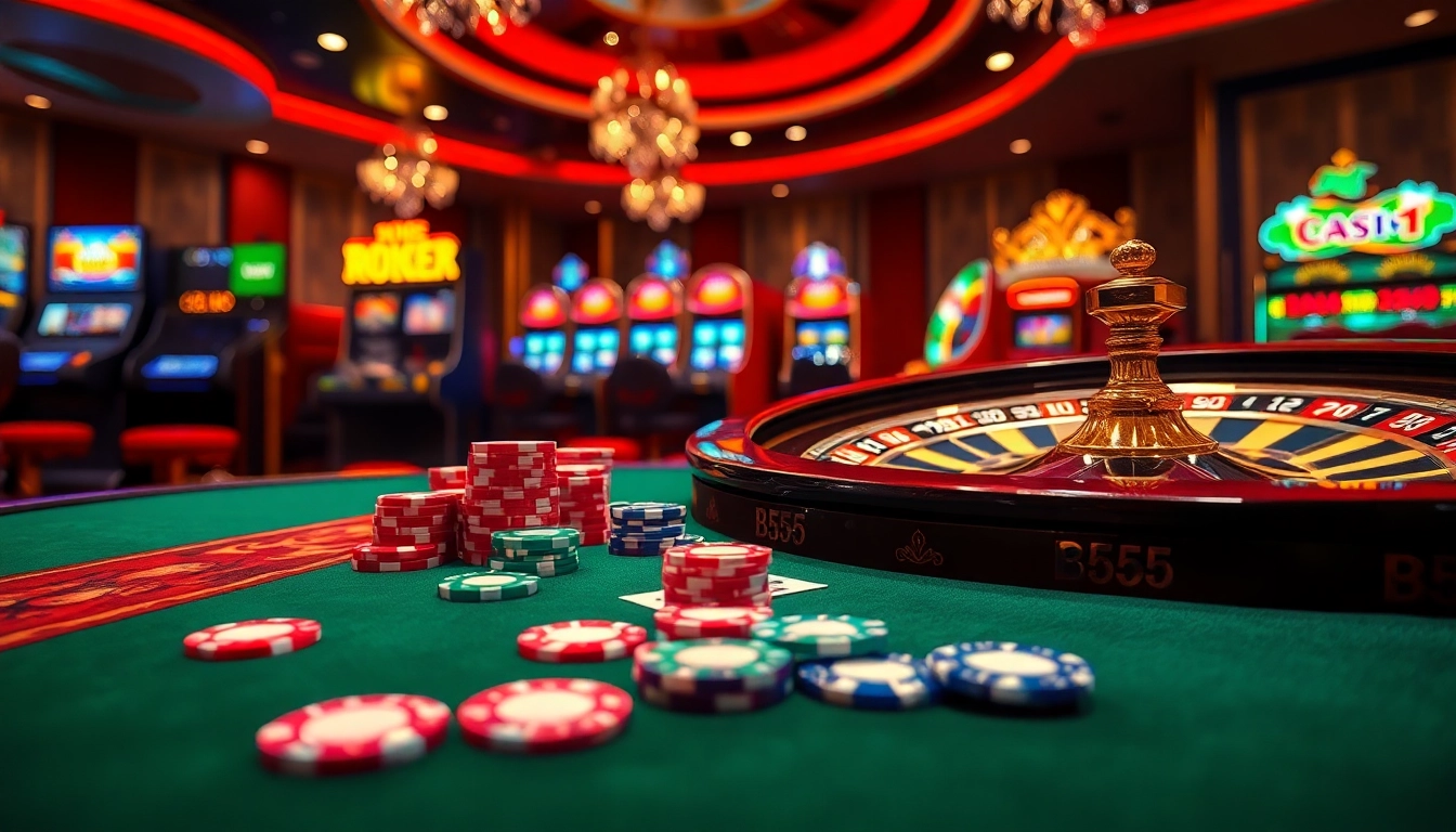 Engage in thrilling gaming at BL555 with vibrant poker chips, cards, and a roulette wheel.