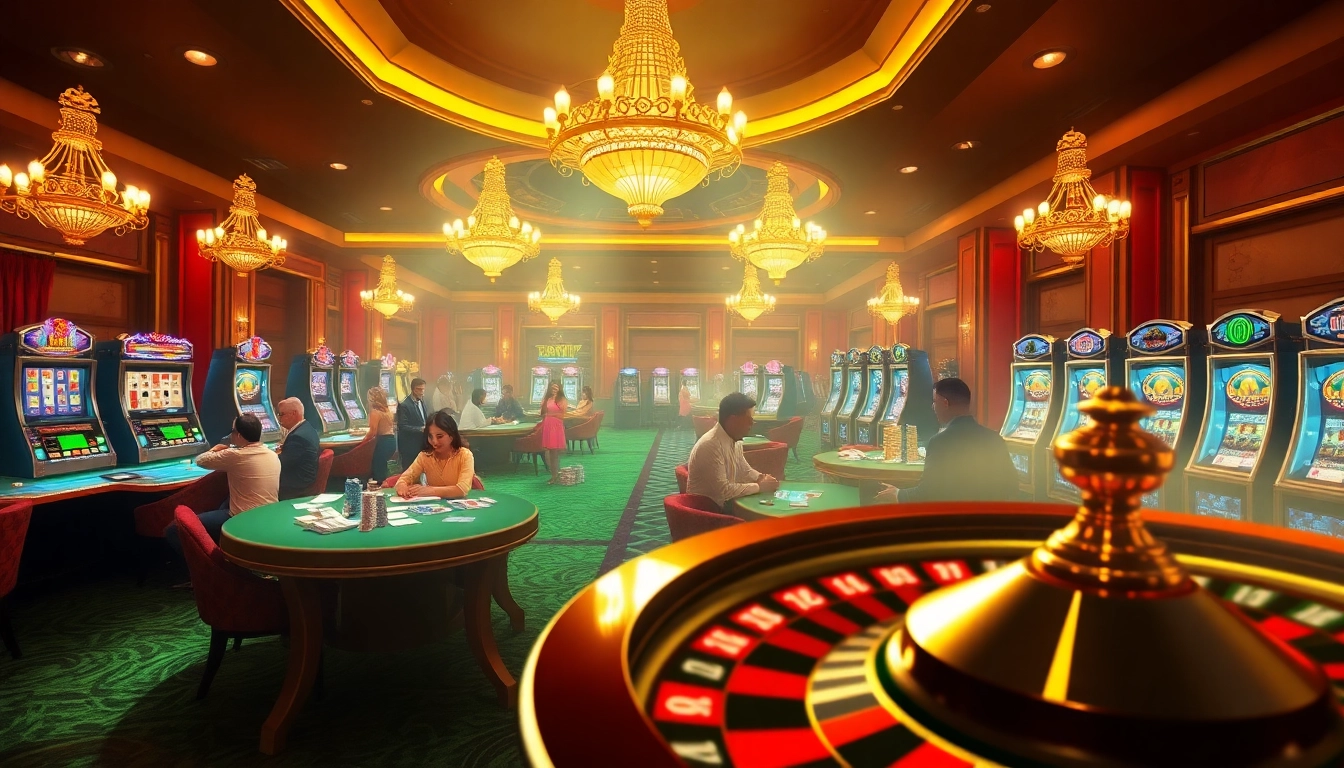 Exciting gaming action at 68VIP casino, featuring vibrant poker tables and slot machines.