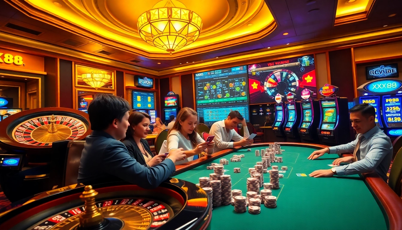 Experience the excitement at XX88 with players at a glamorous casino table and vibrant gaming elements.
