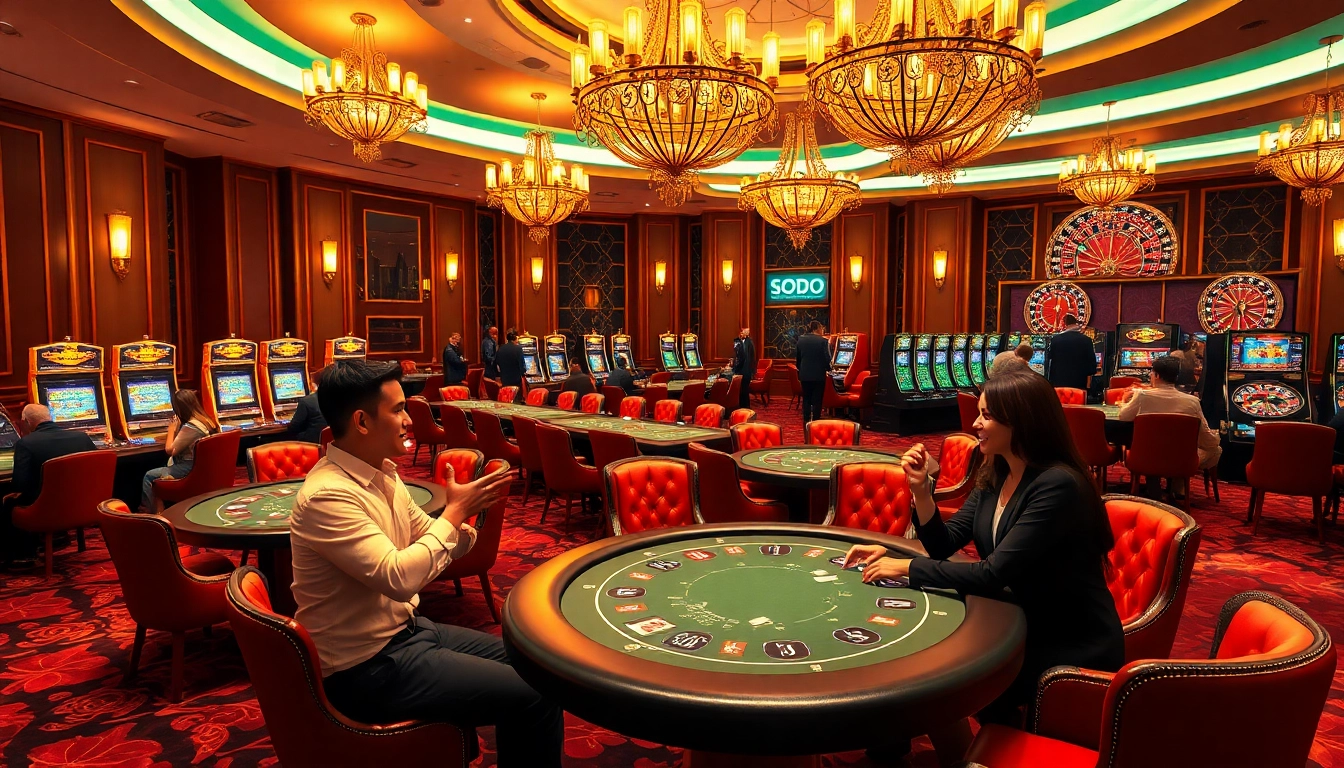 Win big at SODO CASINO with an exciting view of a lively poker table and vibrant slot machines.