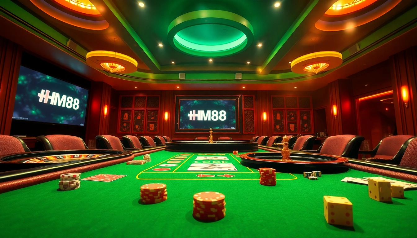 Experience the thrill of gambling with HM88 at an exciting casino table filled with poker chips and cards.