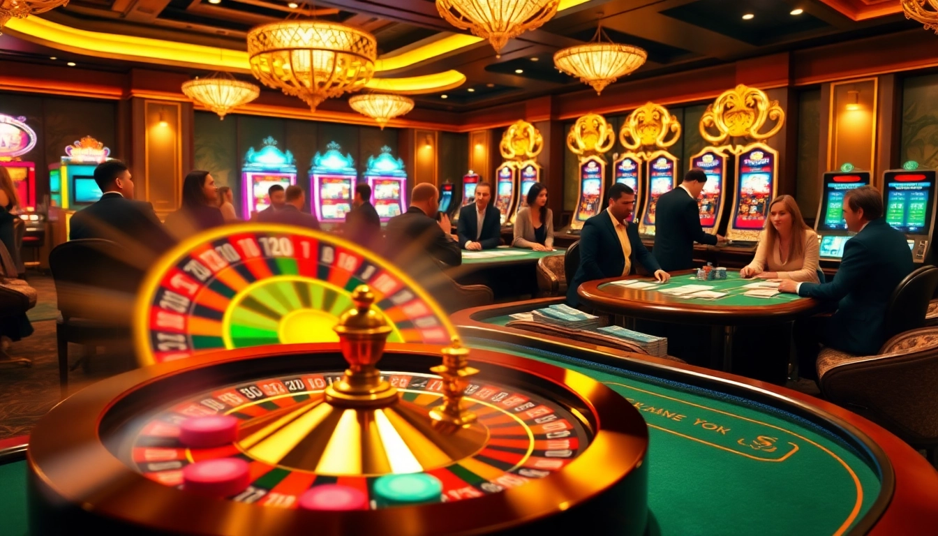 Exciting gambling scene showcasing 789P platform with roulette, poker, and diverse players.