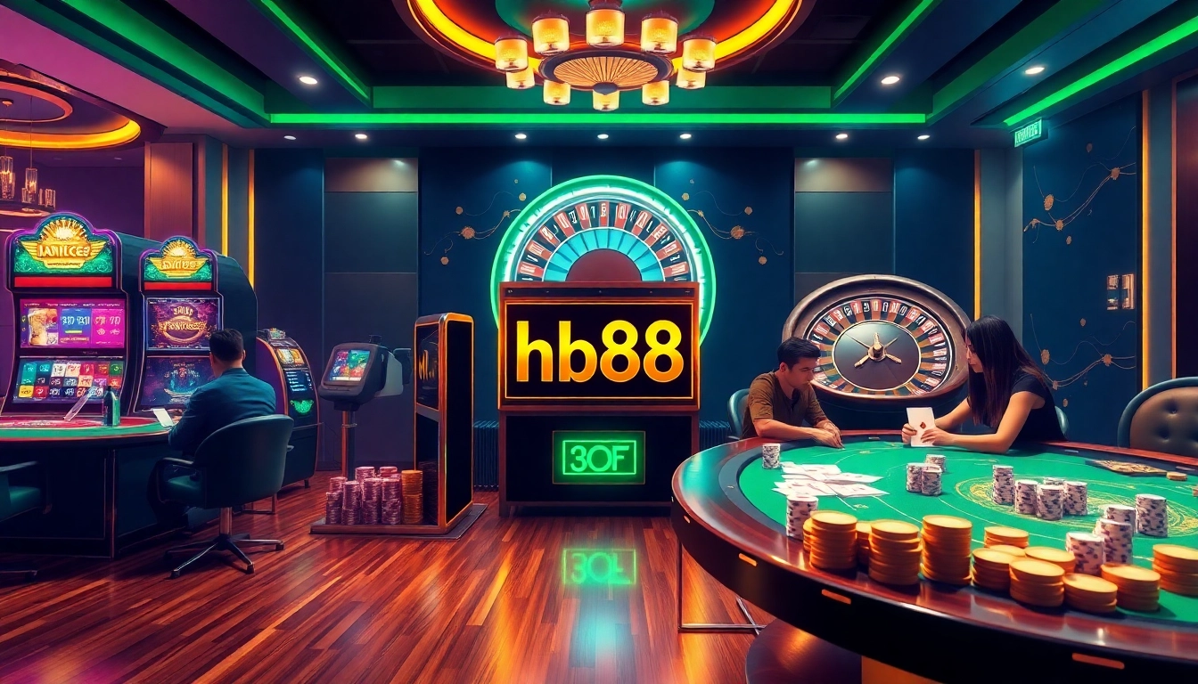 Engaged players at hb88-themed slot machine in a luxurious casino setting.