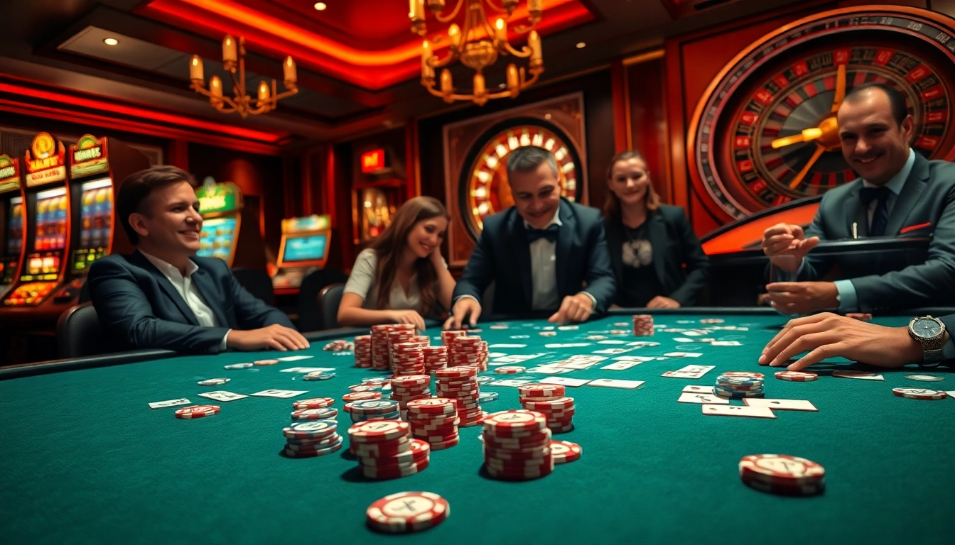 Engage in thrilling casino action with KJC-branded poker chips and vibrant gaming tables.