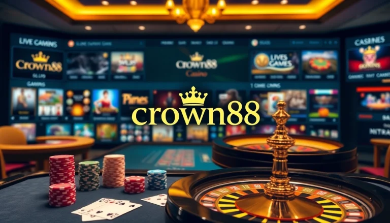 Experience the thrilling atmosphere at Crown88 with vibrant casino games and luxury visuals.