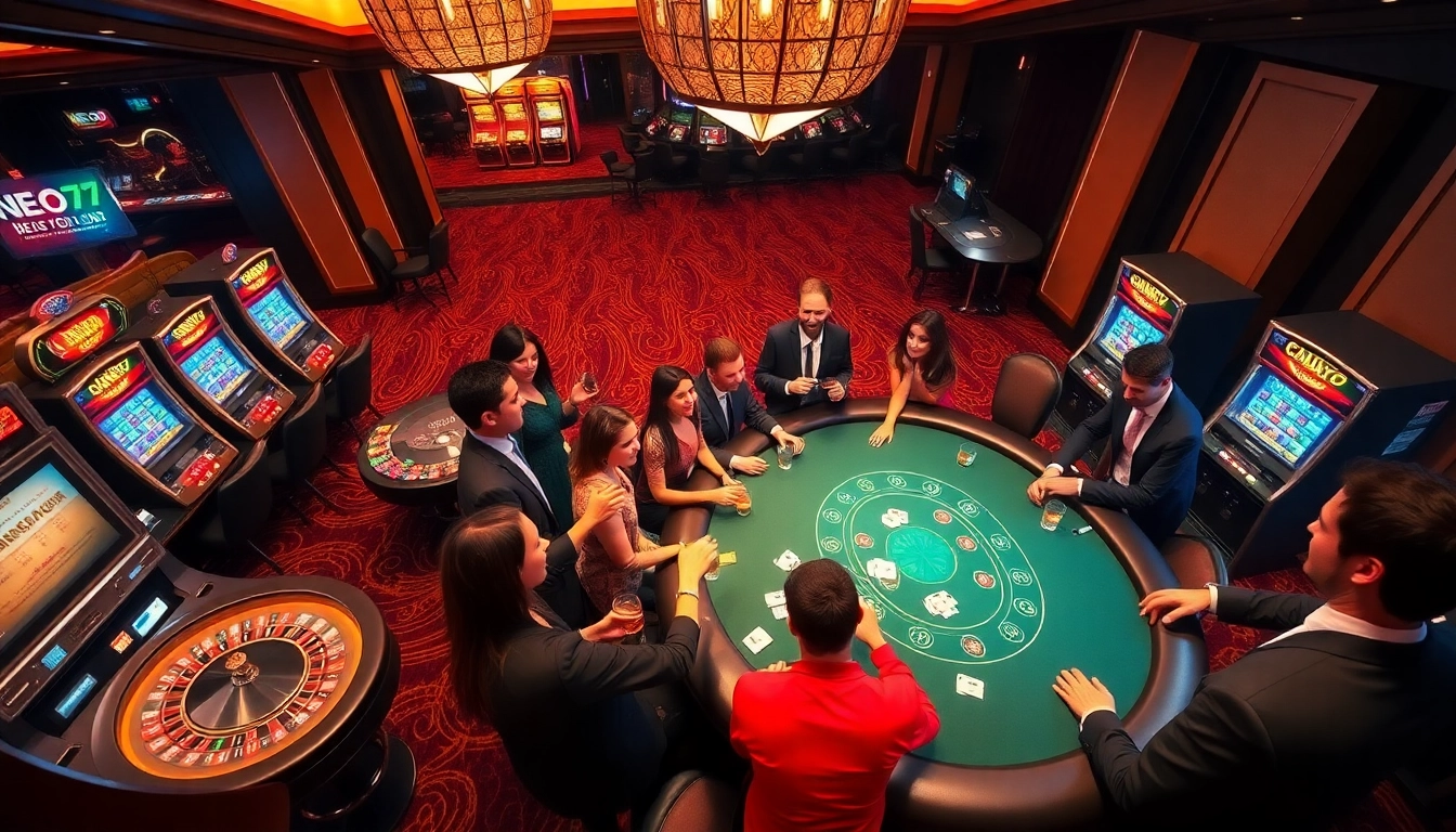 NEO79 casino scene showcasing dealers and excited players at blackjack and slot machines.