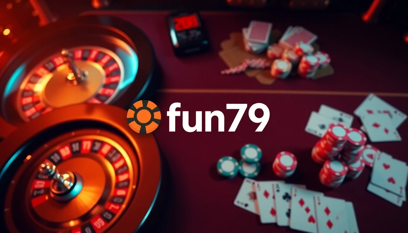 Engaging fun79 casino experience with poker chips, roulette, and dynamic gaming atmosphere.