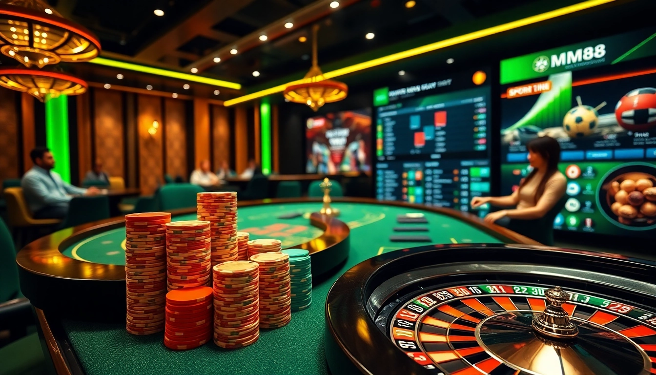 Experience thrilling gaming at MM88 with vibrant casino tables and online betting interfaces.