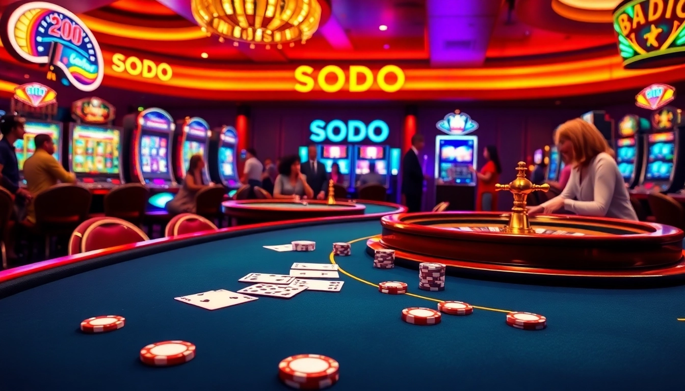 Experience excitement at SODO CASINO with vibrant poker games on a luxurious table.