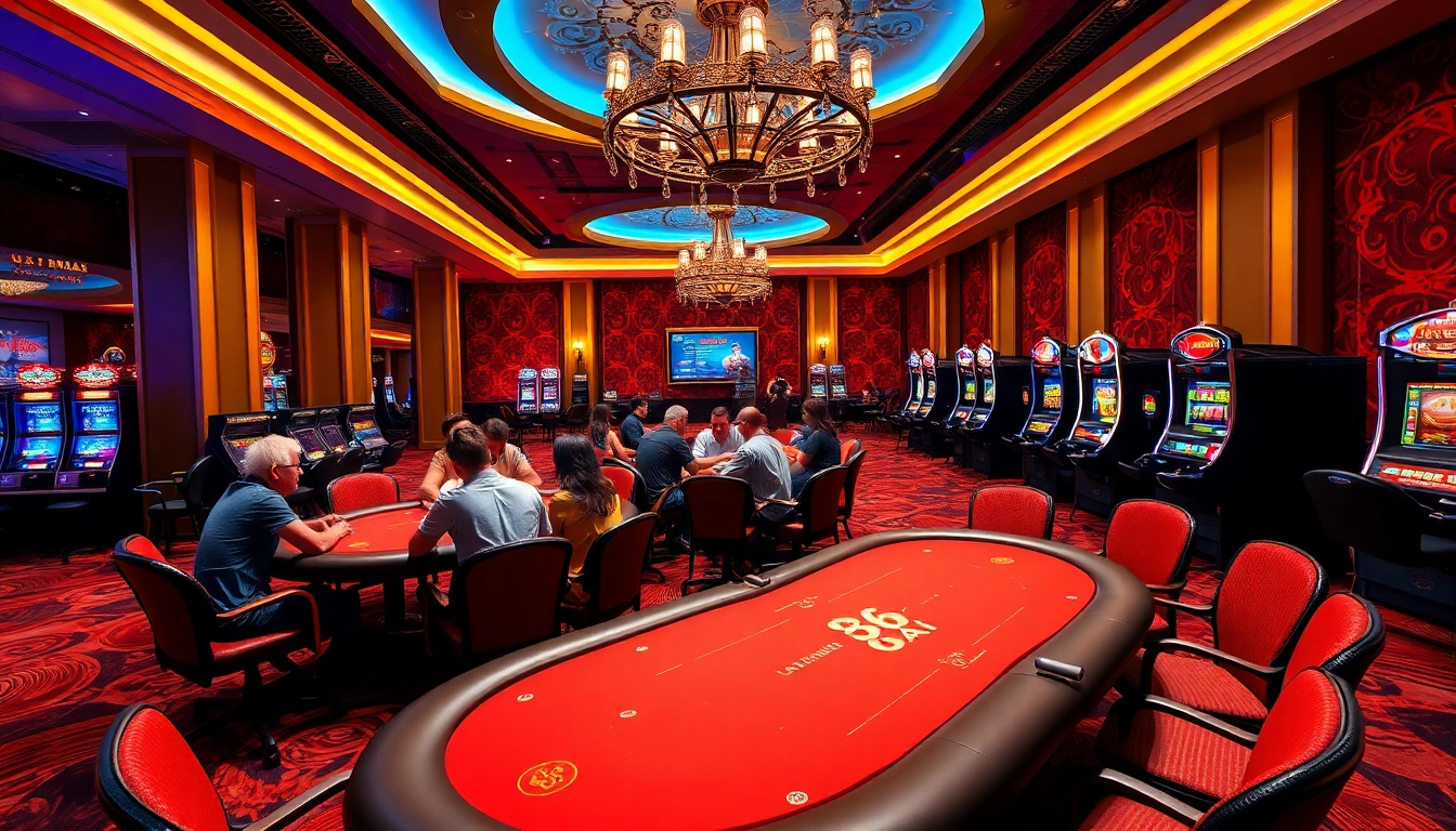 Players enjoying 68 Game Bài at a luxurious casino setting full of excitement and gambling elements.