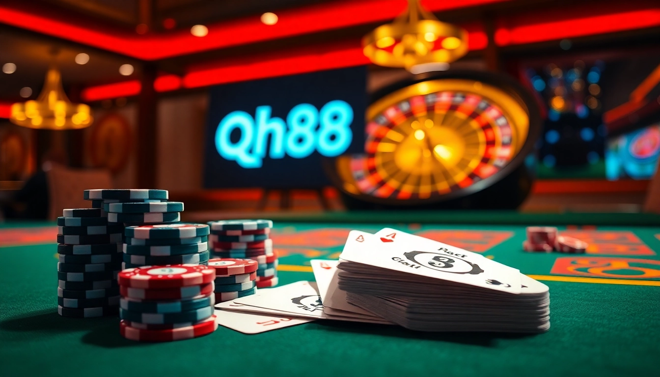 Experience the thrill of online gaming at qh88 with luxury poker tables and vibrant casino visuals.