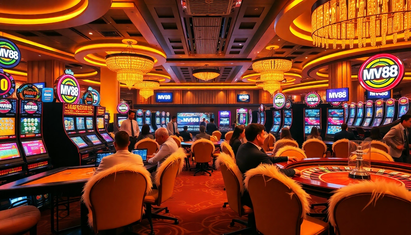Players engaging in thrilling games at MV88 casino, showcasing intense action and luxury.