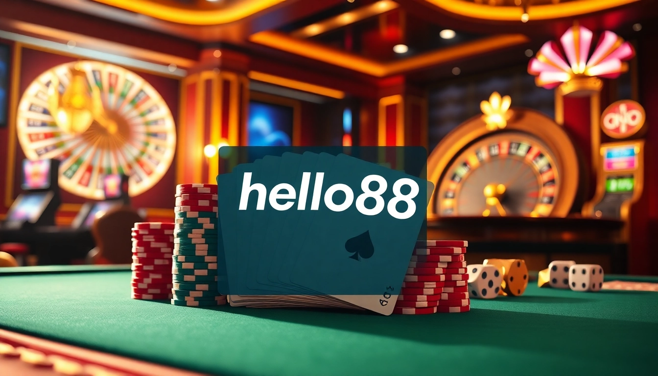 Play exciting games at hello88 casino with vibrant poker chips and roulette wheels.