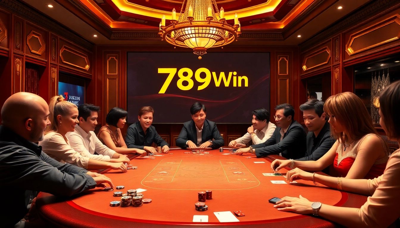 Players enjoying a thrilling game at 789Win's luxurious poker table with chips and cards.