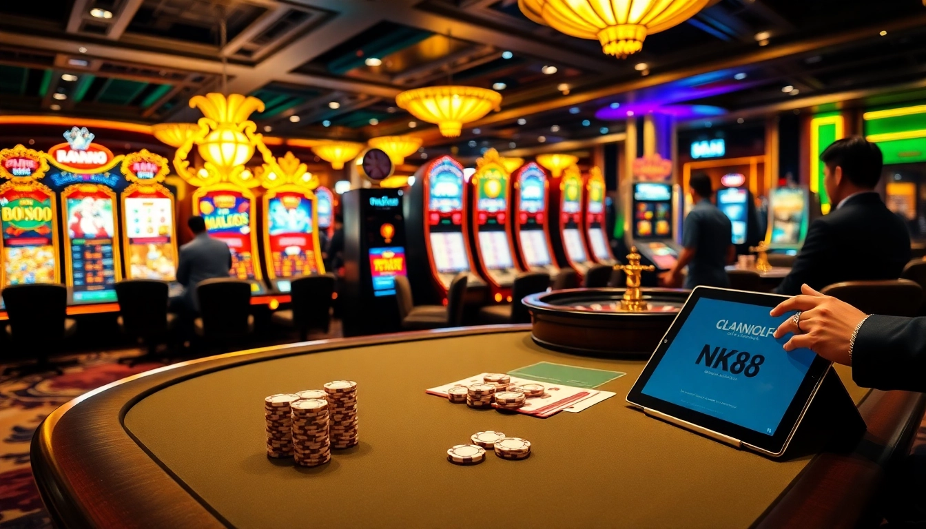 NK88 online gambling scene with poker, slot machines, and vibrant casino atmosphere.