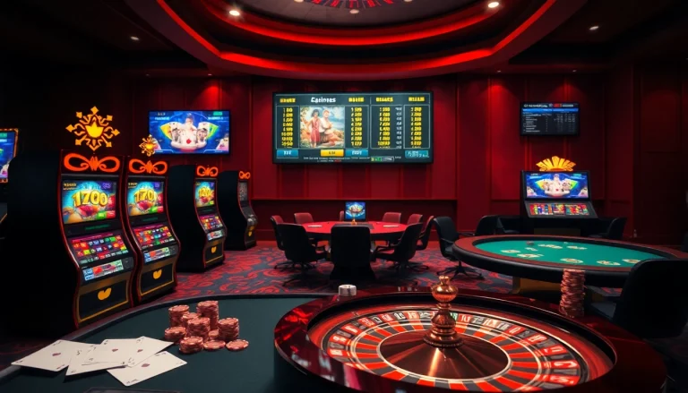 Experience the thrill of kerajaanslot with vibrant slot machines and an elegant casino setup.