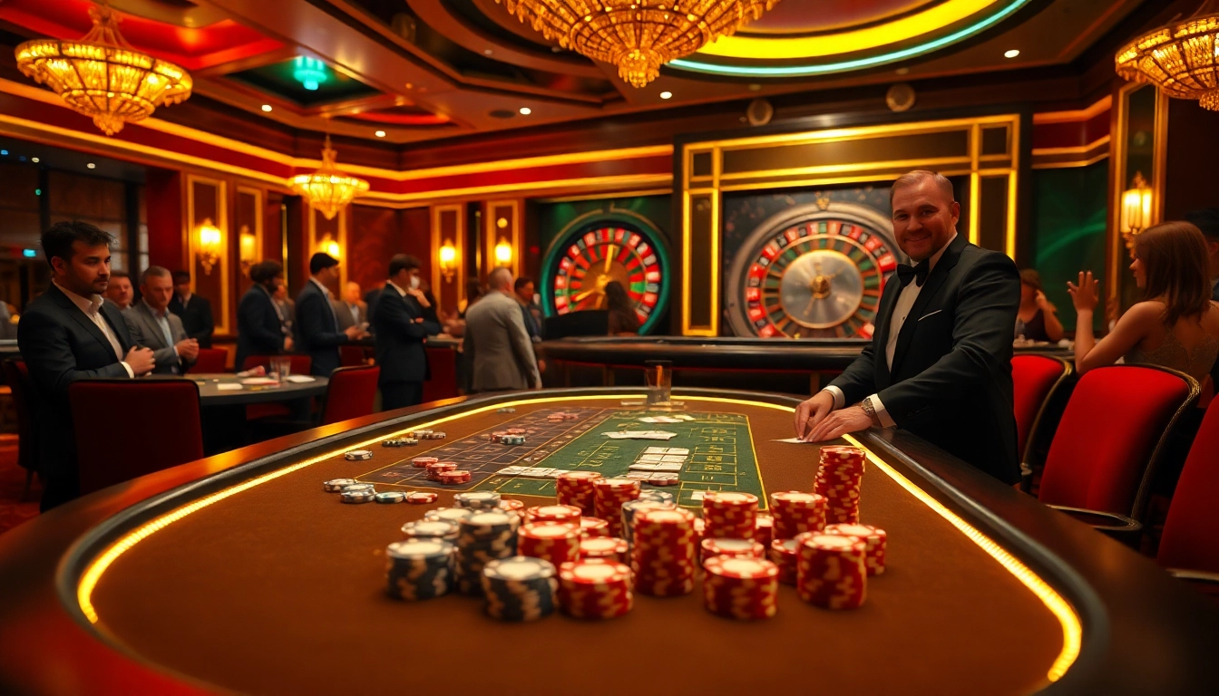 Experience the thrill of Vaoluoitv with a lively high-stakes poker game in a luxurious casino setting.