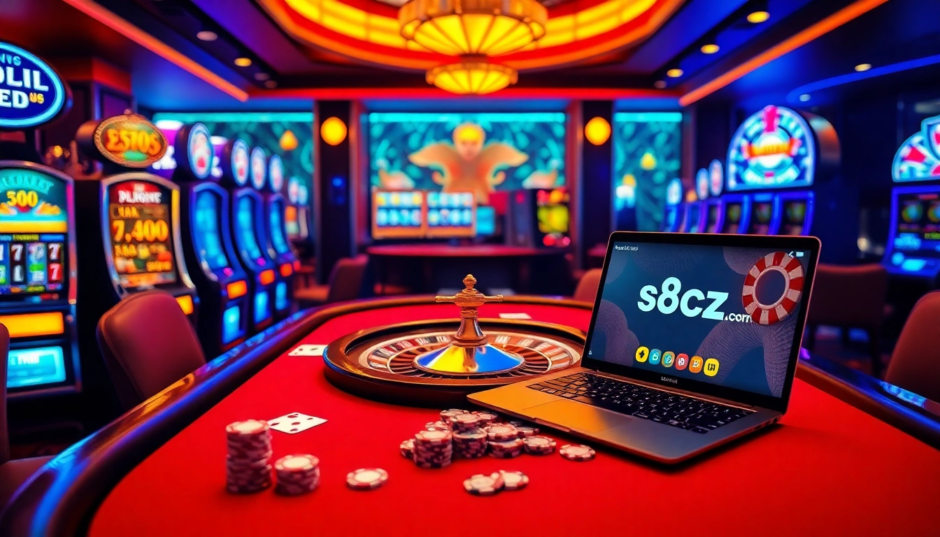 Experience the thrill of gambling at s8cz.com with luxurious casino visuals featuring roulette and poker elements.