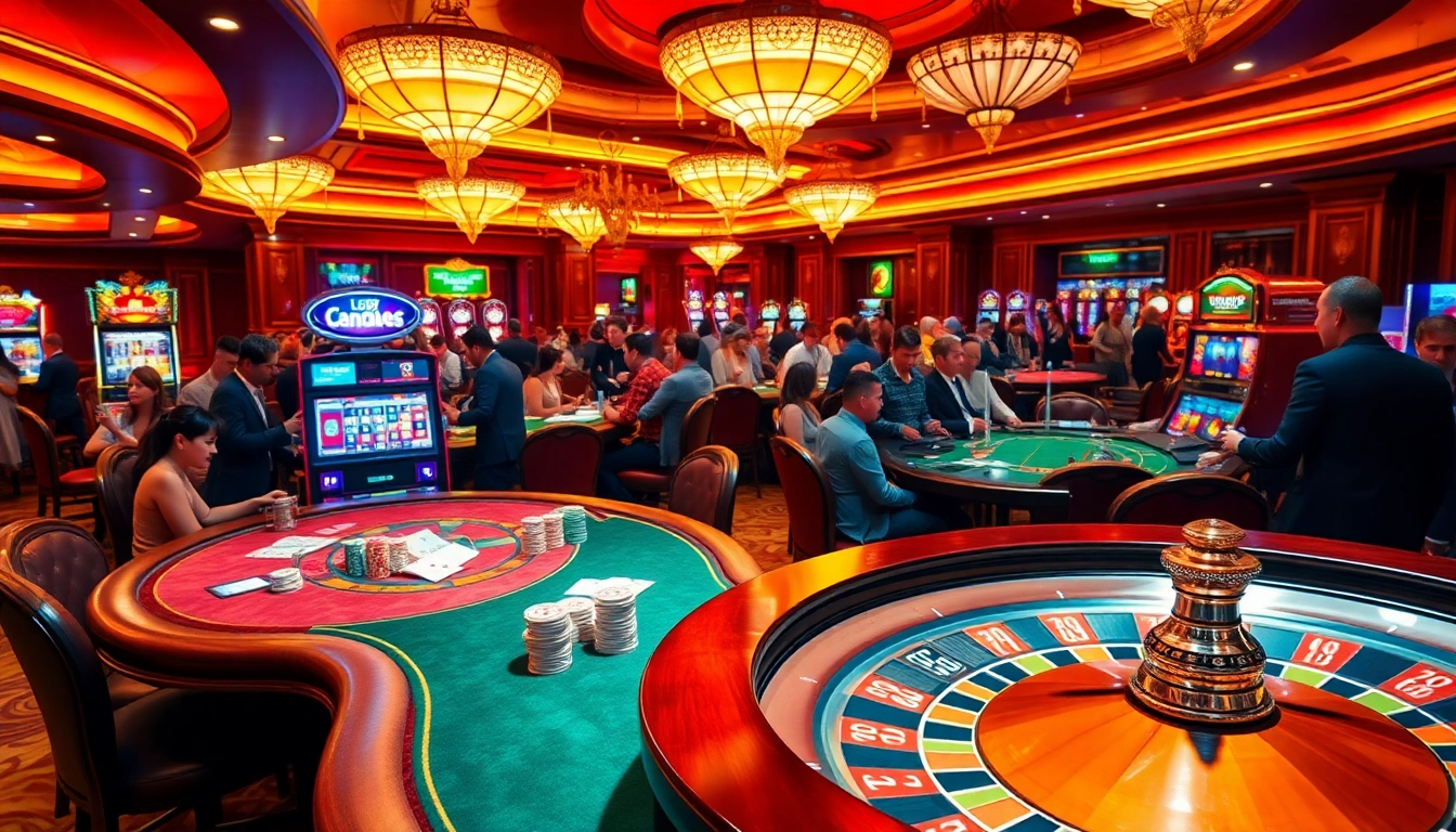 Exciting casino experience at LC88 with vibrant gaming tables and colorful slot machines.