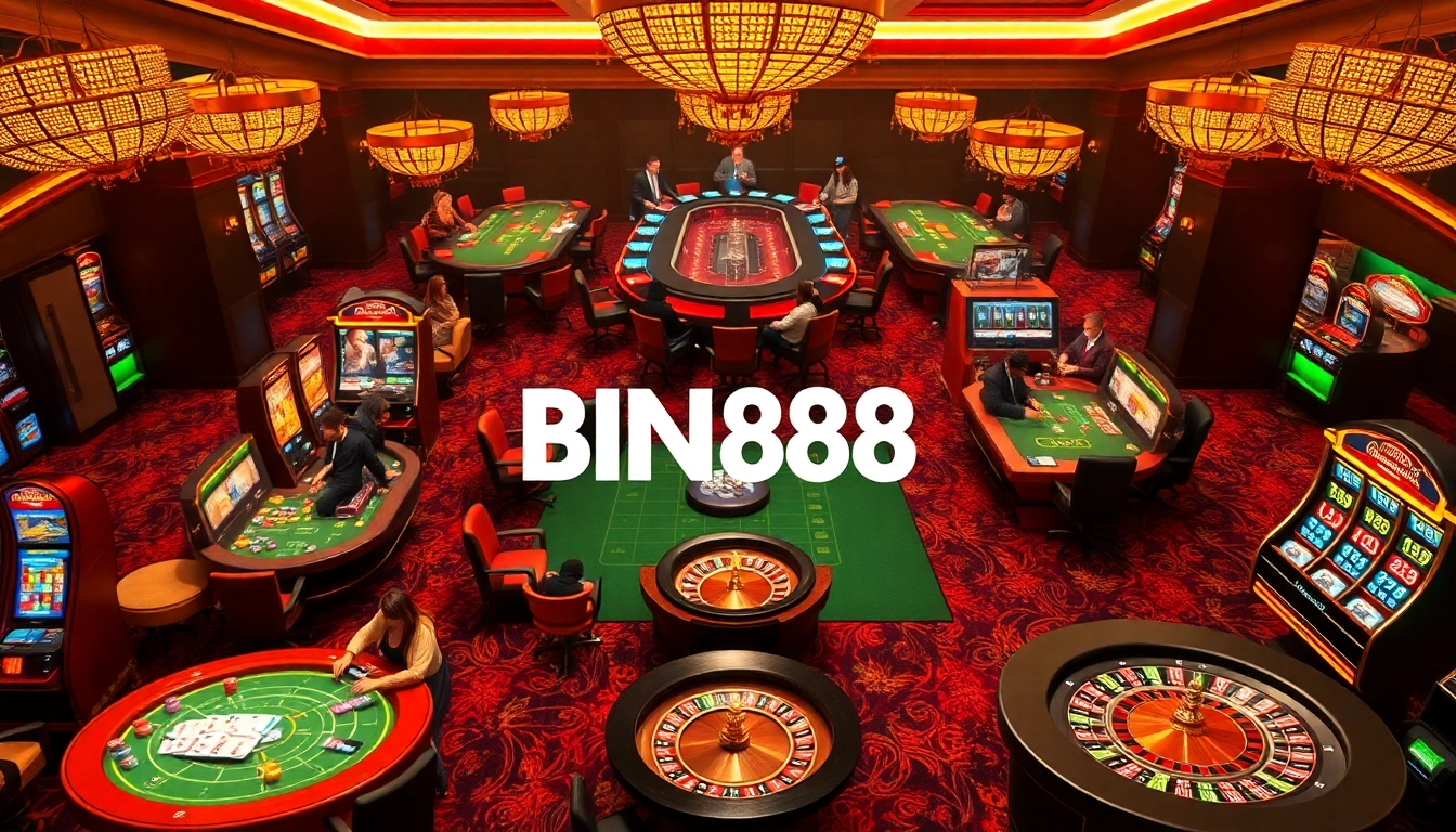 Experience the thrill of a luxury casino environment with BIN88 branding, chips, and live games.