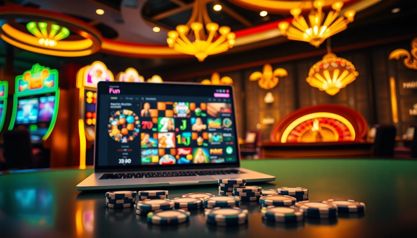 Players engaging with Fun88's online casino games amidst vibrant gambling elements.