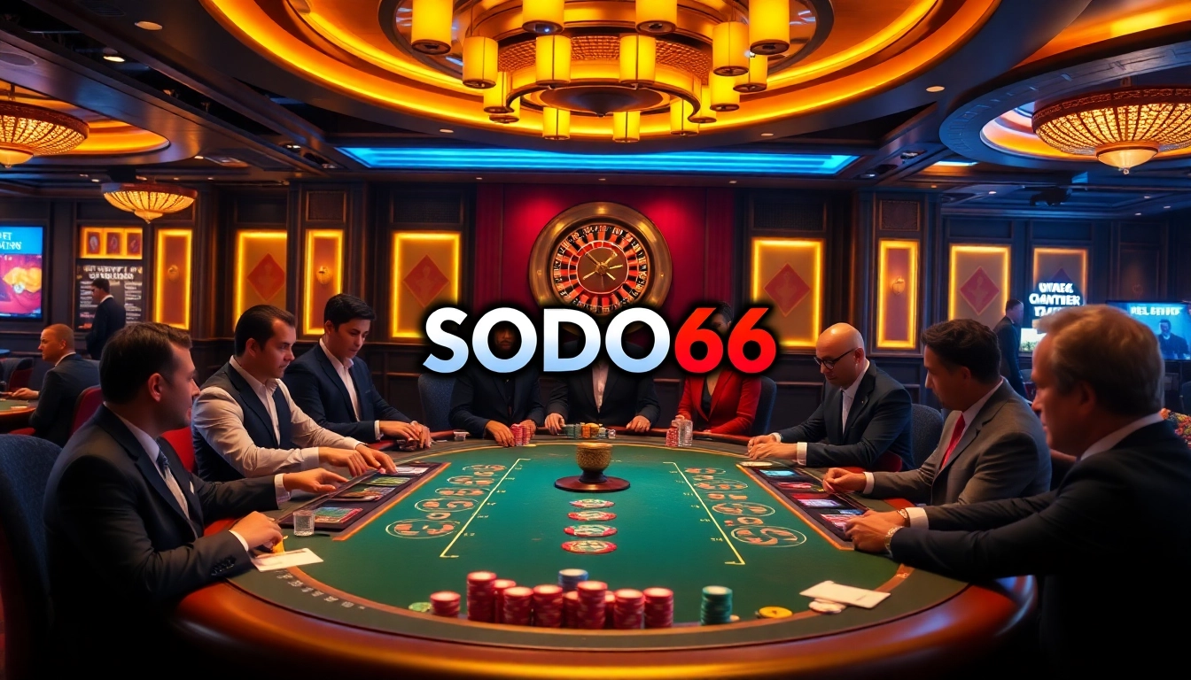 SODO66 vibrant poker scene showcasing a luxurious casino atmosphere filled with chips and cards