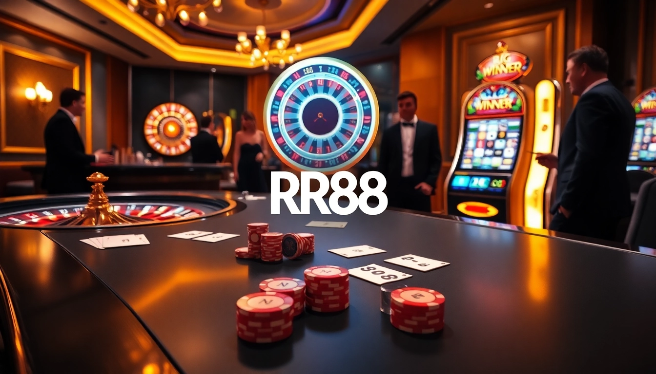 RR88 players enjoying an exciting moment at a luxury casino table with cards and chips.