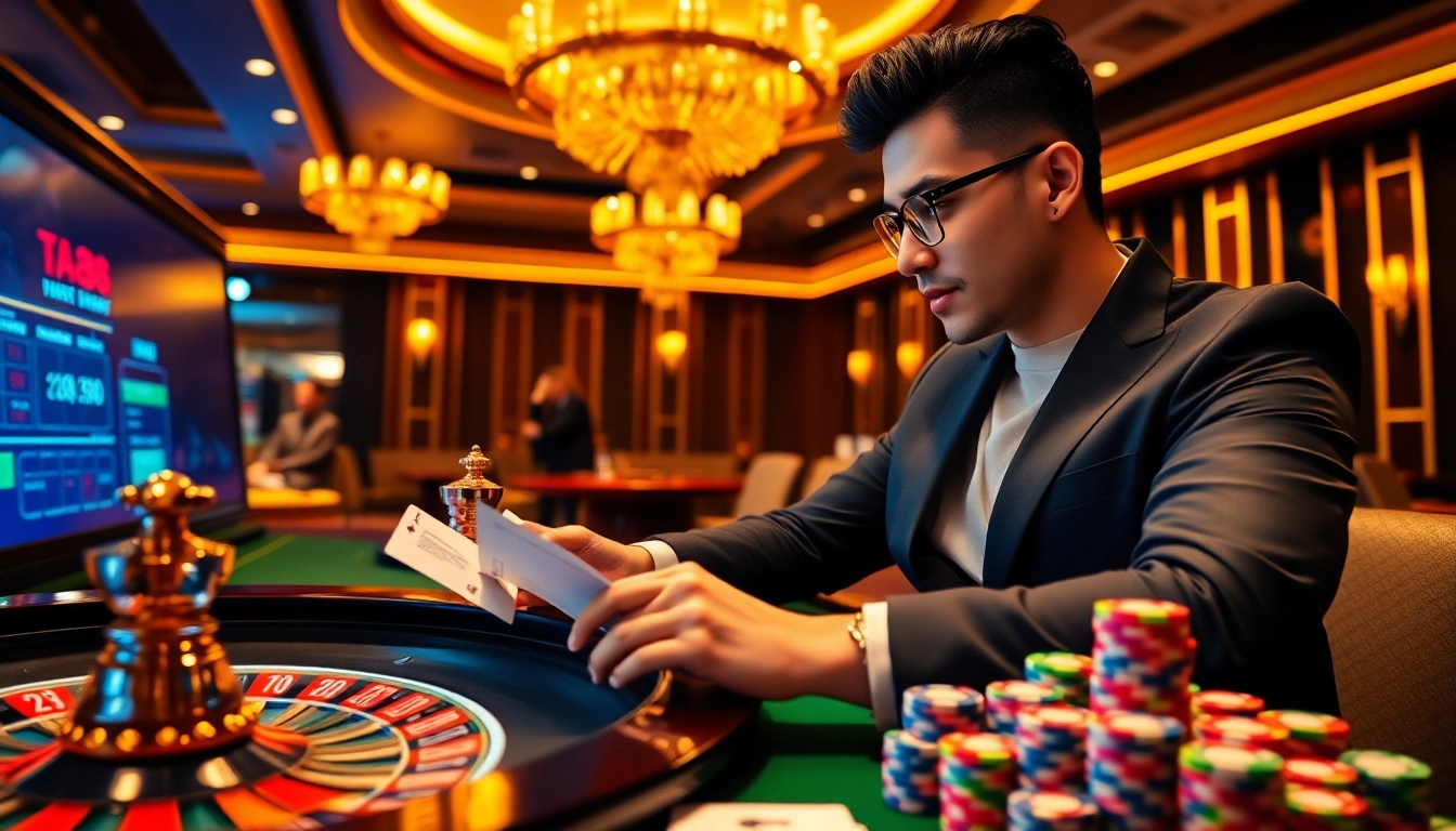 Experience thrilling online gambling with TA88's luxurious casino atmosphere, featuring vibrant poker games and colorful chips.