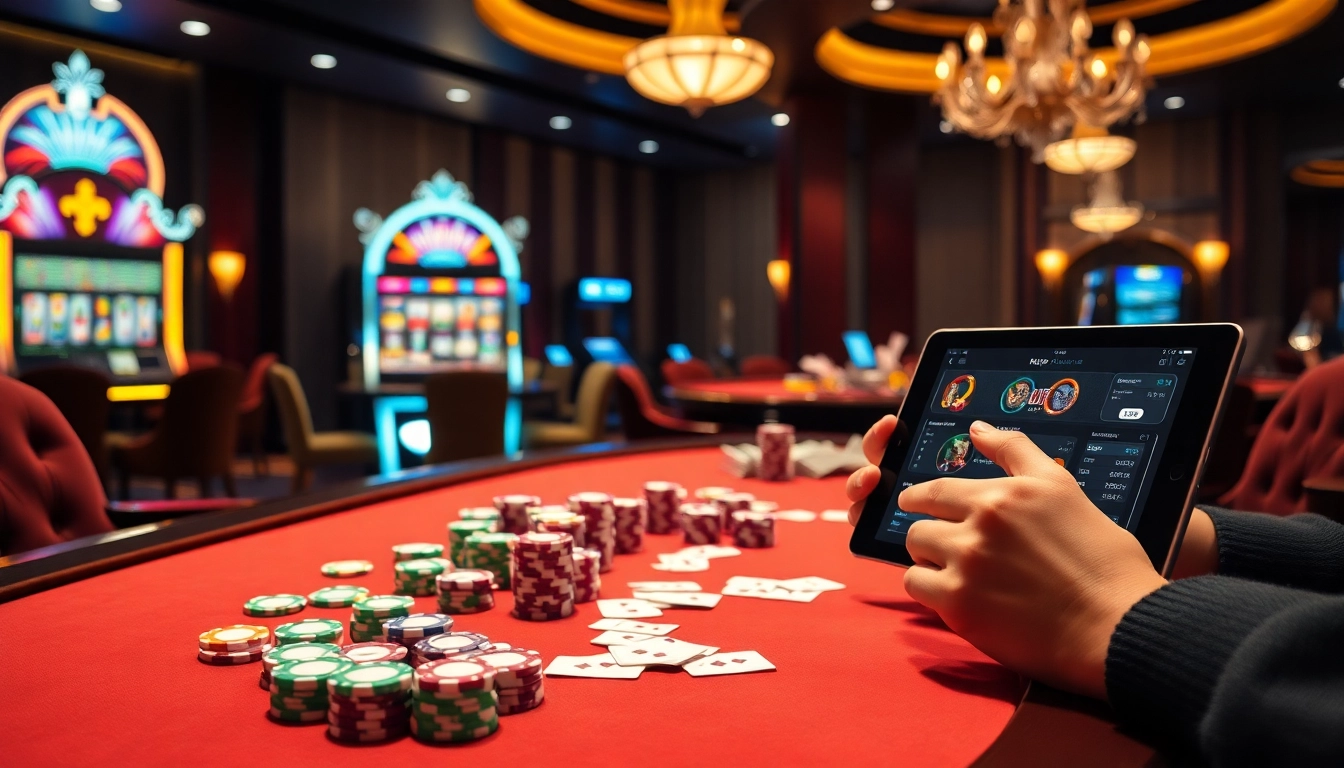 Players engaging in thrilling games at RIKVIP, showcasing a vibrant casino setup with poker chips and cards.