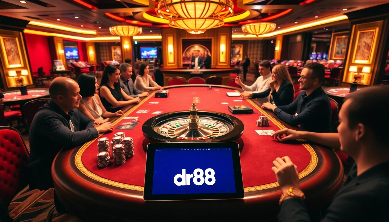 Experience the thrill of dr88 at a luxurious casino with vibrant poker chips and a roulette wheel.