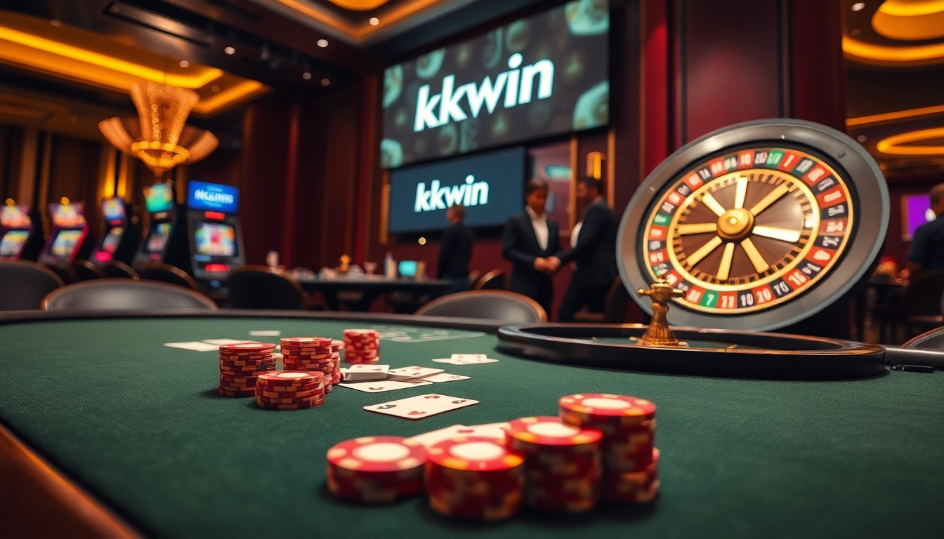 Kkwin players enjoying an exciting game at a luxury casino table with poker chips and cards.