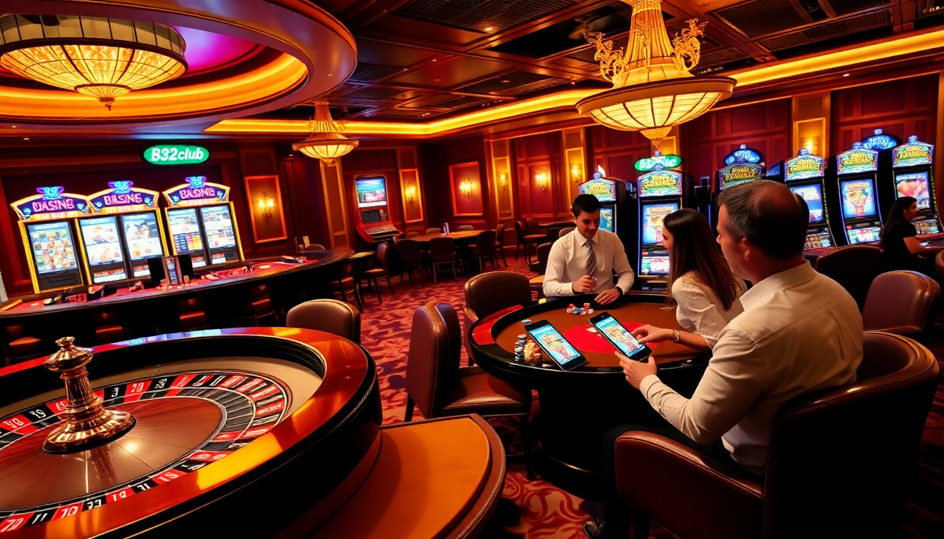 B52club players engaged in a thrilling poker game at an upscale casino table.