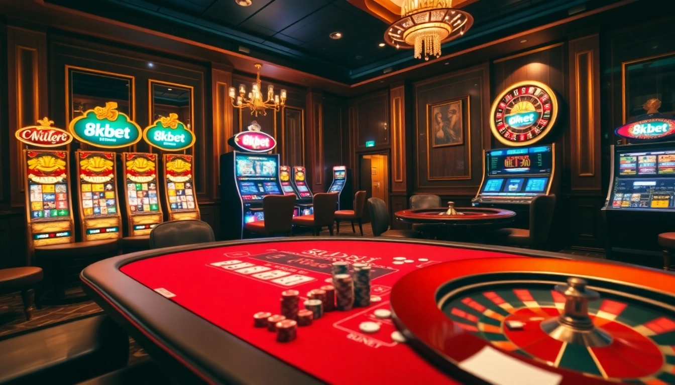 Experience the excitement of gambling at 8kbet with a luxurious casino setting full of action.