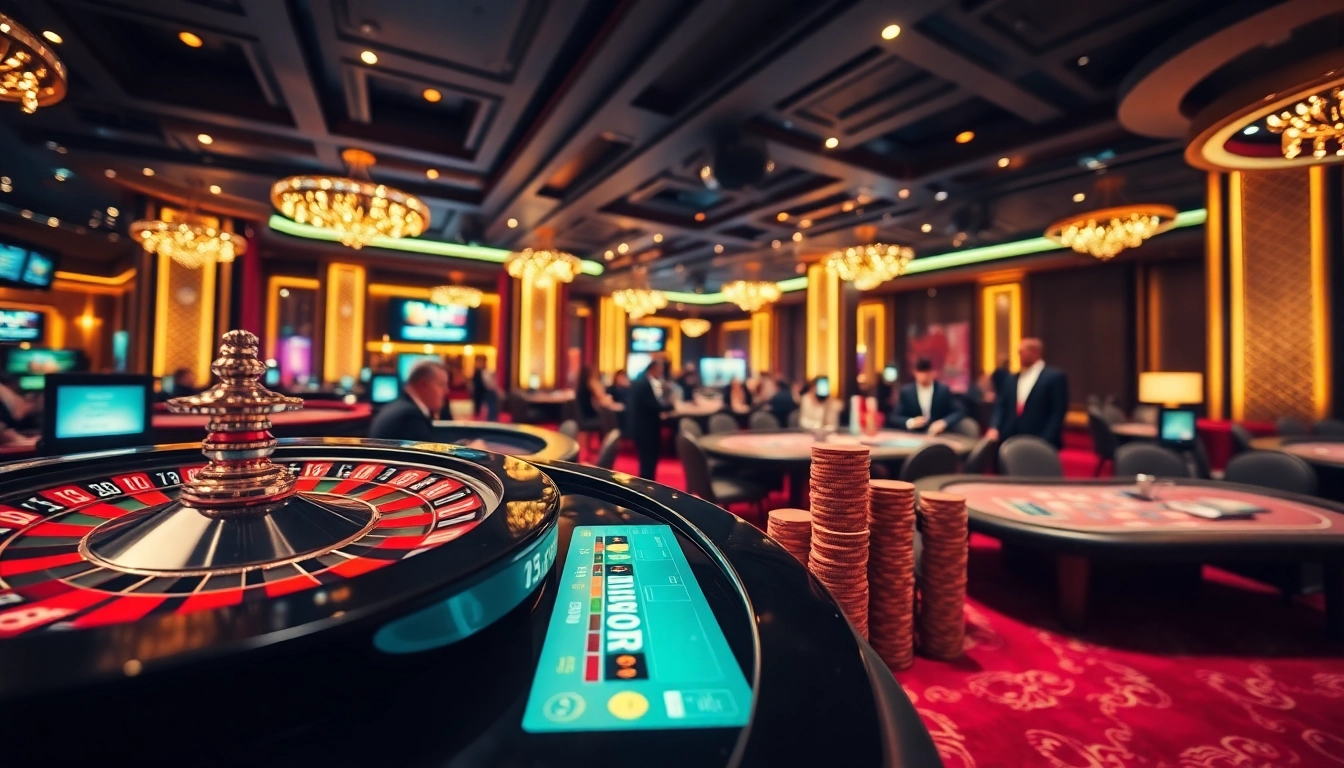 Experience the thrill of inatogel88 as players engage with digital gaming interfaces at a luxurious casino.