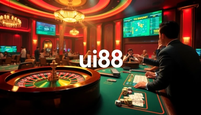 A thrilling gaming experience at UU88 casino with poker tables and roulette wheel.