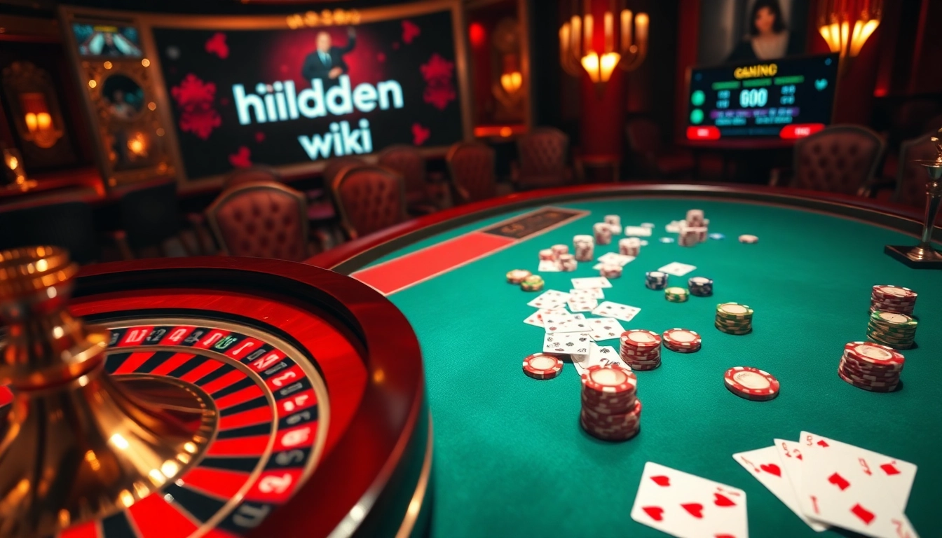 The hidden wiki reveals intricate casino gaming strategies with colorful poker chips and a roulette wheel.