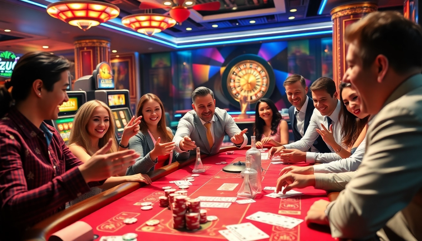 Excited players at 6FF poker table experiencing high-stakes gambling.