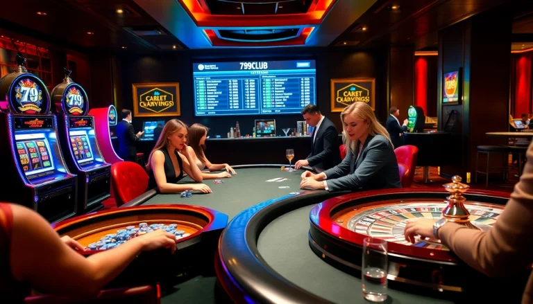 Gambling excitement at 789club with players at poker tables and slot machines.