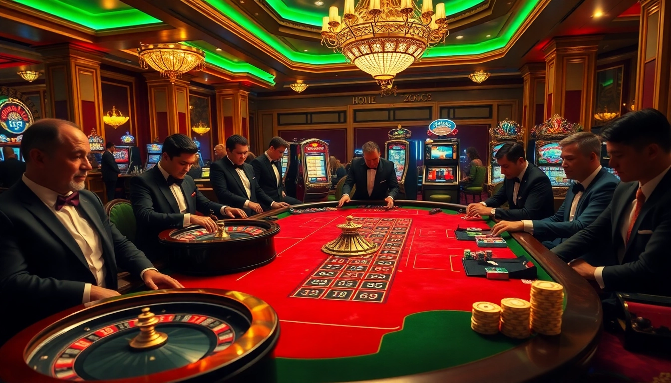 EE88 gamblers enjoying an exciting roulette game at a glamorous casino table.